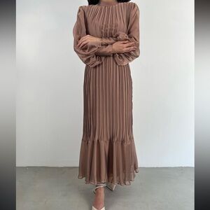 Neva Style Brown Chiffon Pleated Maxi Long Sleeve Dress Size 44